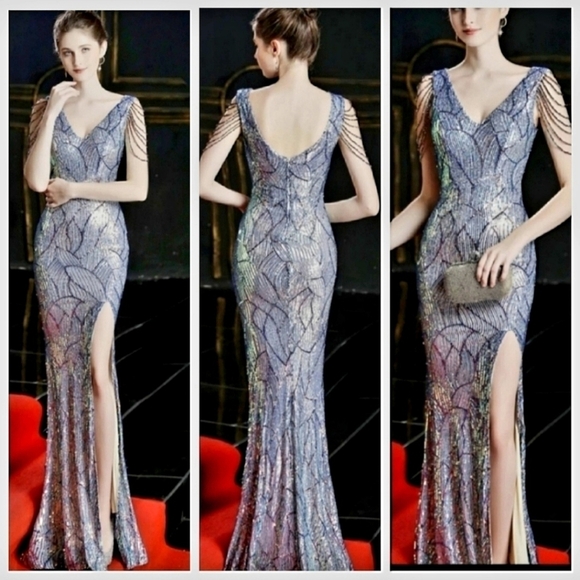 Magic Blue Sequined, Abstract Pattern,  Sleeveless,  Backless,  V Neck, Gown - Picture 1 of 13